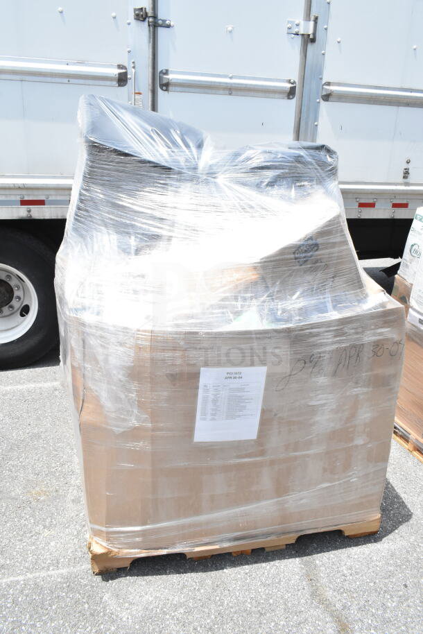 Pallet with 18 brand new scratch and dent items wrapped in plastic, includes towel dispenser, hot cups, tumblers. Labels indicate "APR 30-04".