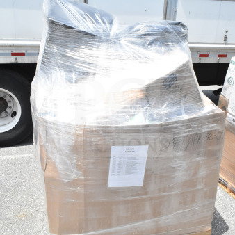 Pallet with 18 brand new scratch and dent items wrapped in plastic, includes towel dispenser, hot cups, tumblers. Labels indicate "APR 30-04".