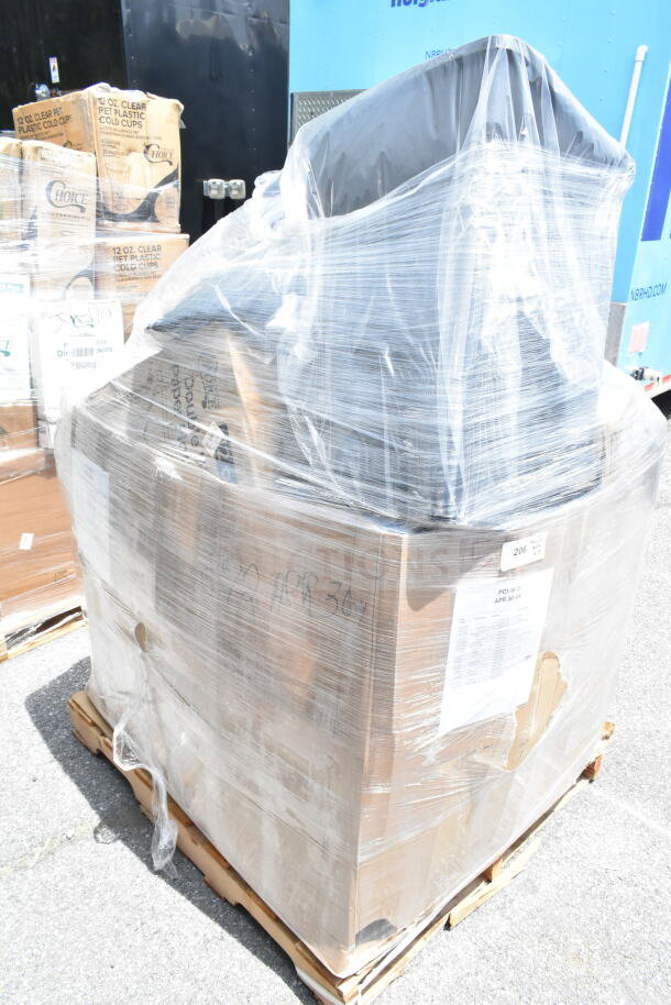 Pallet of 18 brand new scratch and dent items, including towel dispenser, hot cups, and tumblers, wrapped in plastic.