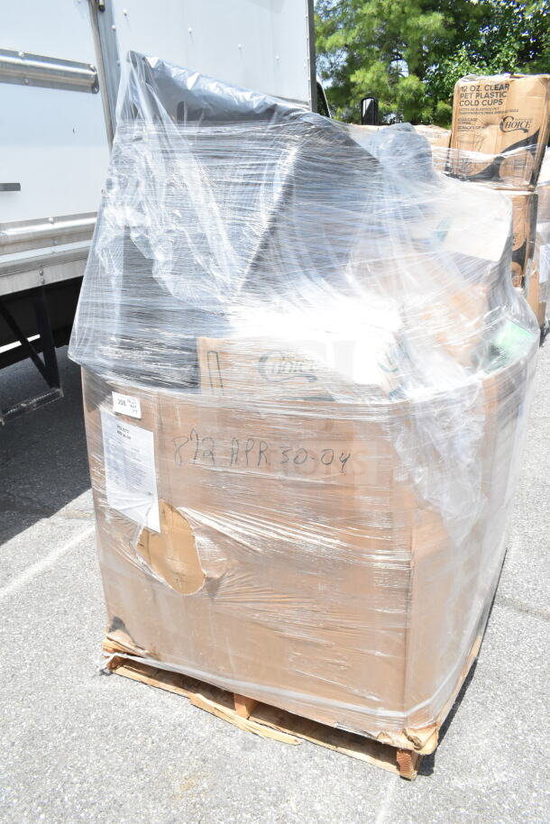 Wrapped pallet of 18 new scratch and dent items, including towel dispensers and cups. Visible label: "APR 30-04."