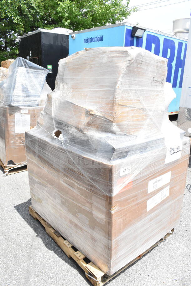 Pallet with 25 new scratch and dent items, including glass racks, shelving, and an ingredient bin, wrapped in plastic.