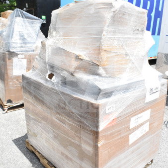 Pallet with 25 new scratch and dent items, including glass racks, shelving, and an ingredient bin, wrapped in plastic.
