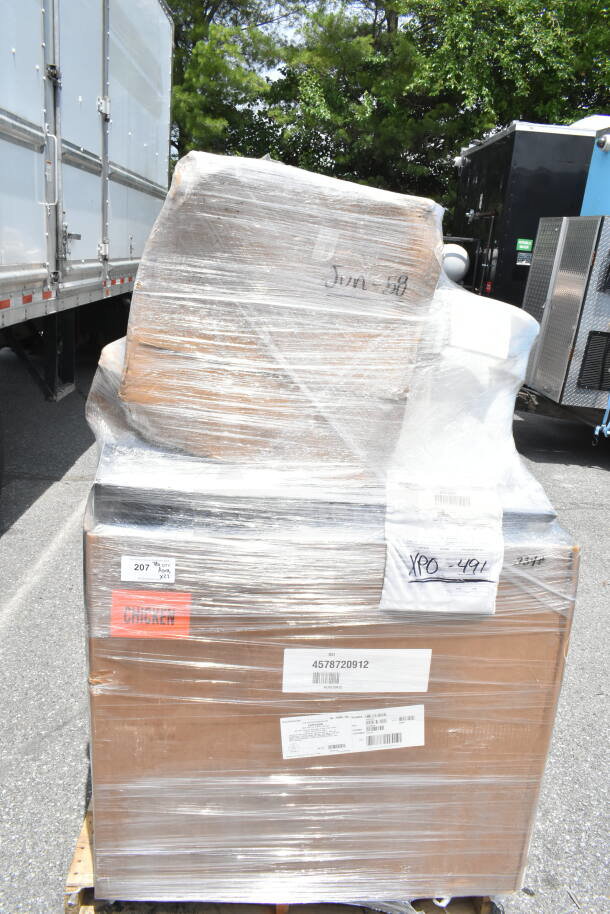 Pallet of 25 brand new scratch and dent items including glass racks, shelving, ingredient bin; wrapped, labeled JUN-58.