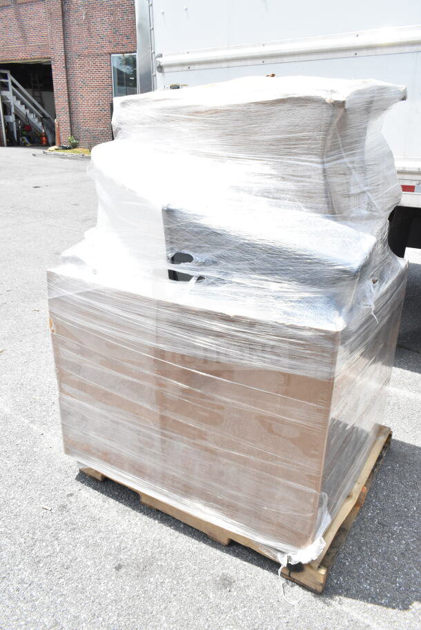 Wrapped pallet with 25 brand new scratch and dent items, including glass racks, shelving, and ingredient bin, on outdoor pavement.