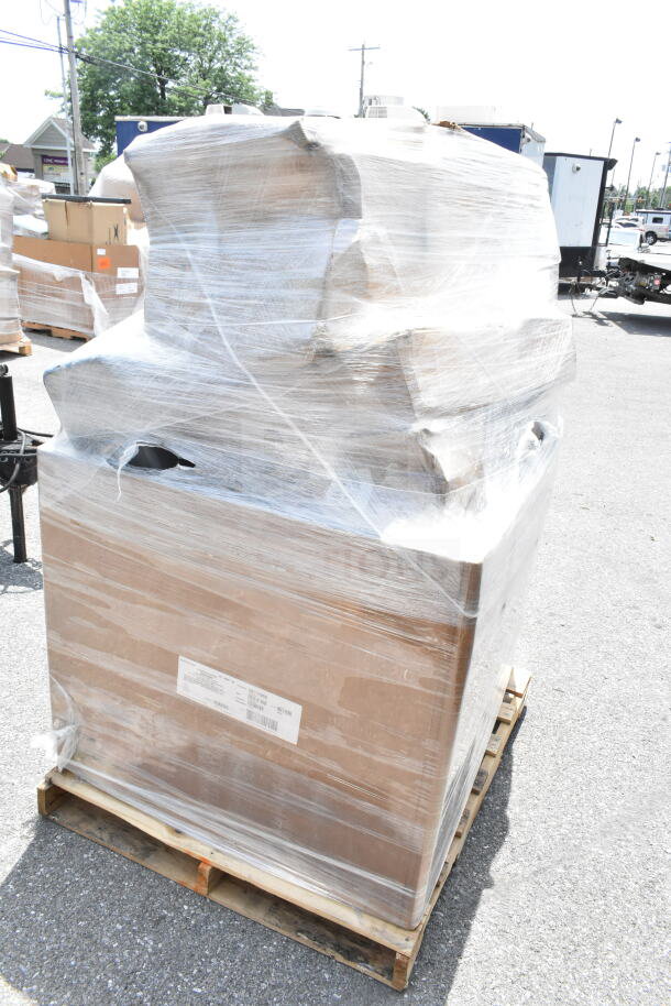 Pallet with 25 new scratch and dent items, including glass racks, shelving, and ingredient bin, wrapped in plastic.