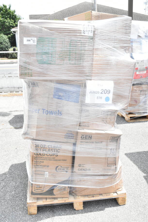 Pallet of assorted items including straws, gloves, cups, and paper towels, wrapped in plastic, branded cartons visible.