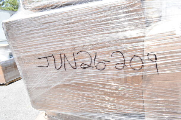 Shrink-wrapped pallet labeled "JUN26-209," containing 30 brand new scratch and dent items, including straws, gloves, and cups.