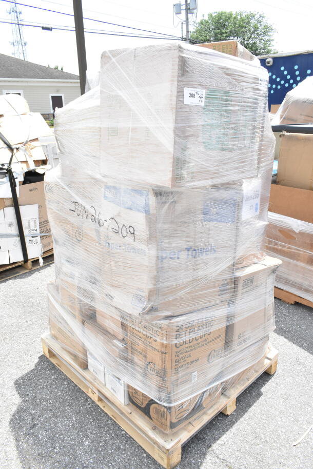 Pallet of 30 new scratch and dent items including straws, gloves, and cups, wrapped with visible box labels and markings.