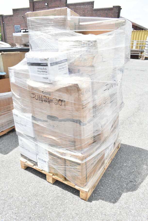 Pallet of 30 boxes labeled JUN26-209, wrapped for auction; includes new scratch and dent items like straws, gloves, and cups.