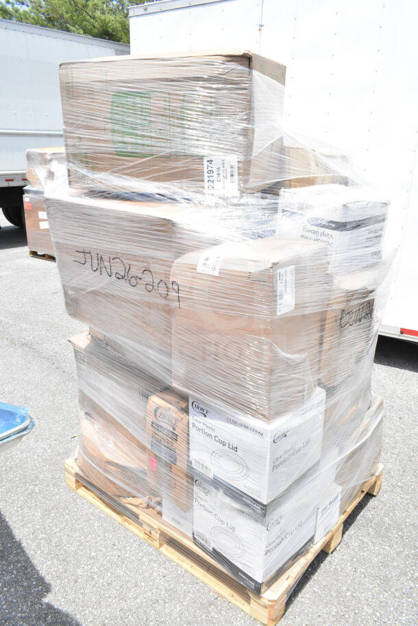 Pallet of 30 new scratch and dent items including straws, gloves, and cups, wrapped in plastic. Labeled "JUN26-209."
