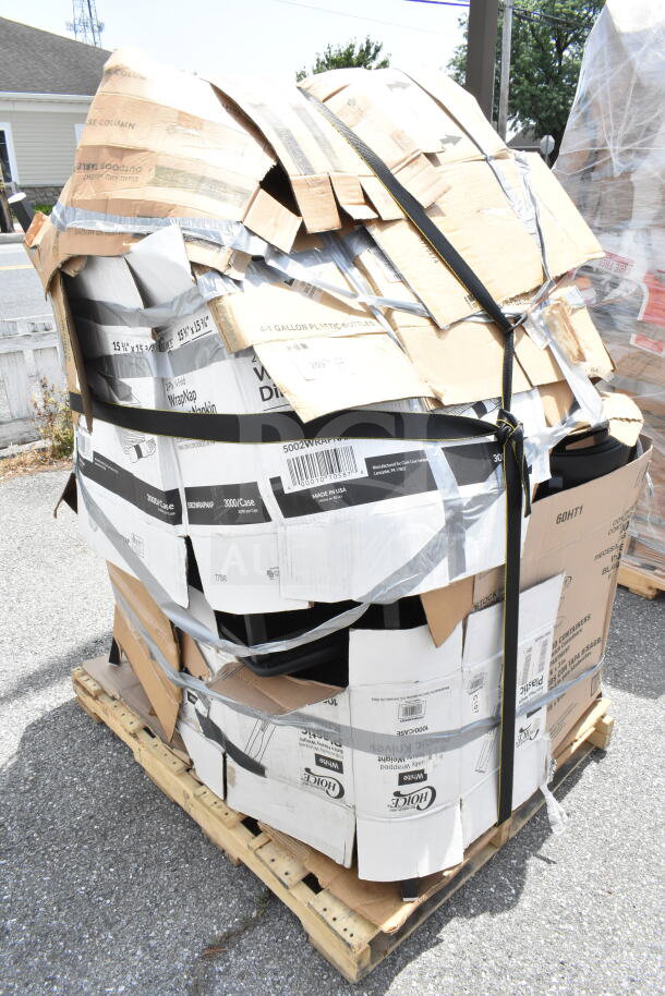 Pallet with 12 brand new scratch and dent items, including chairs, in original packaging. Boxes show signs of wear.