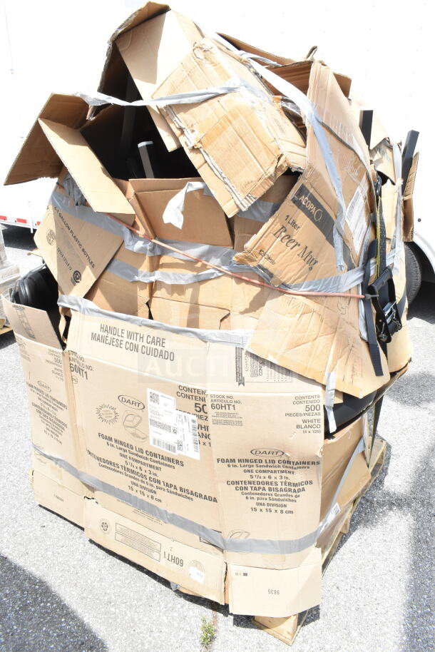 Cardboard box containing 12 new "scratch and dent" items, including chairs. Marked with packaging labels and tape.