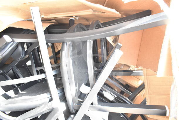 Box of brand new scratch and dent chairs, black metal frames, partially unpacked from cardboard. 12 items total.