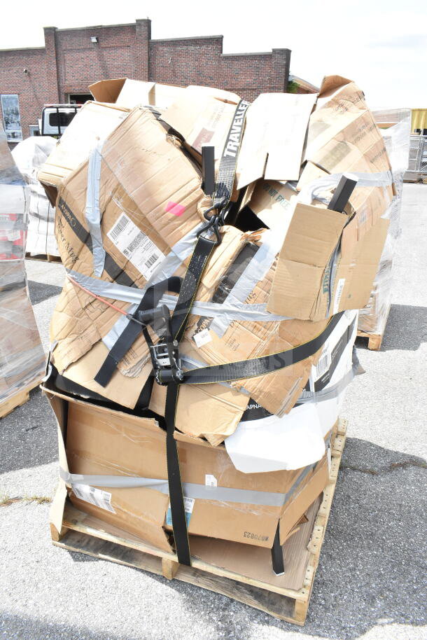 Pallet of 12 brand new scratch and dent items, including chairs, in damaged boxes secured with straps.