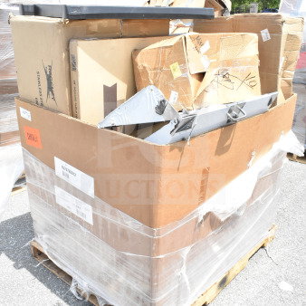 Bulk lot of 12 new but scratched/dented items, including mop sink and utility cart, in wrapped cardboard boxes on pallet.