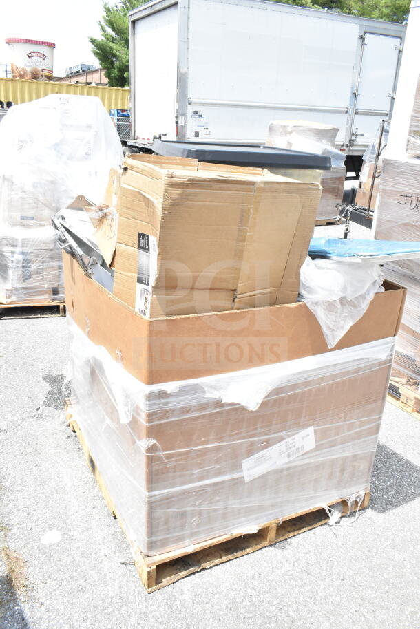 Pallet with 12 brand new scratch and dent items, including mop sink and utility cart, in cardboard boxes and plastic wrap.