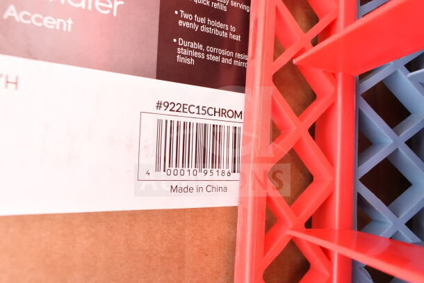 Bar code and model #922EC15CHROM on box, "Made in China" text visible. Red and blue plastic lattice structure.