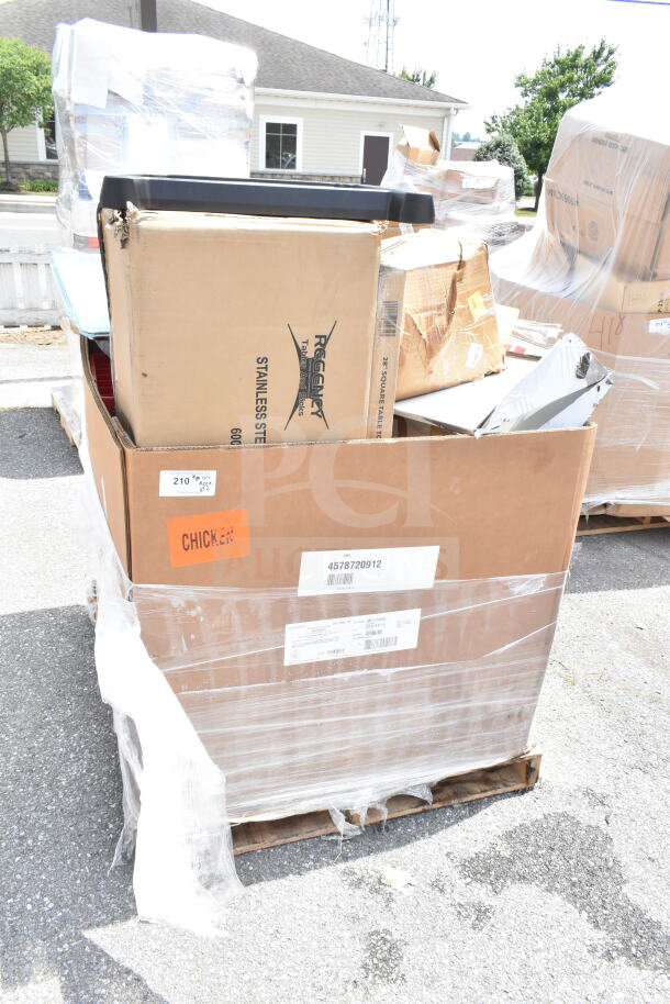 Box of 12 new scratch-and-dent items on a pallet, including a Regency stainless steel mop sink and utility cart.