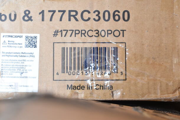 Box with barcode and label reading "#177PRC30POT," warning of PFAS content, made in China. Potential scratch and dent.
