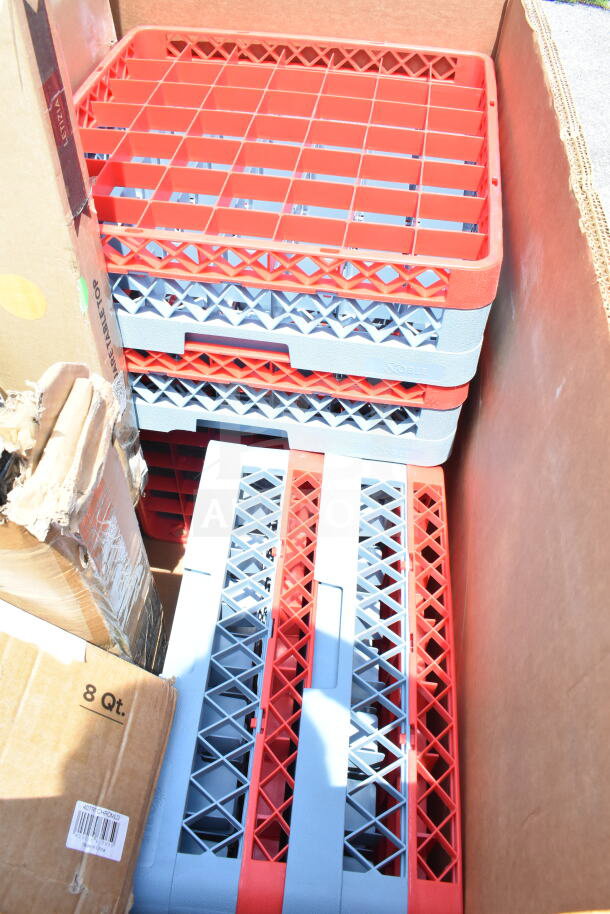 Box of new utility items including red and gray stackable trays, marked "Noble" and "8 Qt.", indicating brand and size.