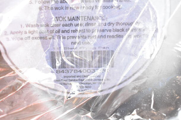 "11-inch Steel Frying Pan, barcode 8437840037, maintenance instructions, imported by Town Food Service Equipment."