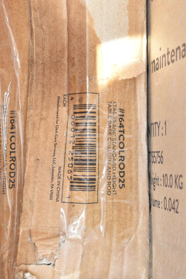 Cardboard packaging with barcode and label #164TCOLROD25, indicating a standard height table base column and rod.