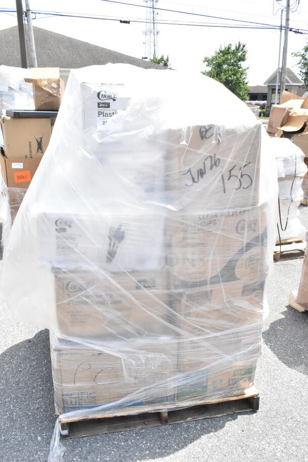 Plastic-wrapped pallet with boxed items, including napkins, cold cups, and bowls labeled "Choice." Marked "Jun26-155."