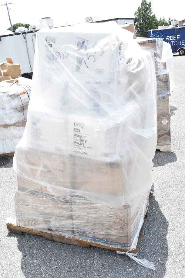 Pallet with wrapped boxes containing 18 scratch and dent items: napkins, cold cups, bowls. Boxes labeled "Choice Plastic Cutlery Packs."