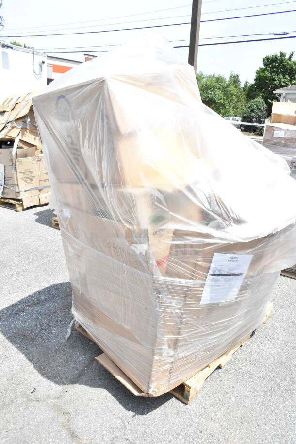 Pallet wrapped in clear plastic, containing 14 new scratch and dent items including containers and printer. Label visible with "APR 30-03."