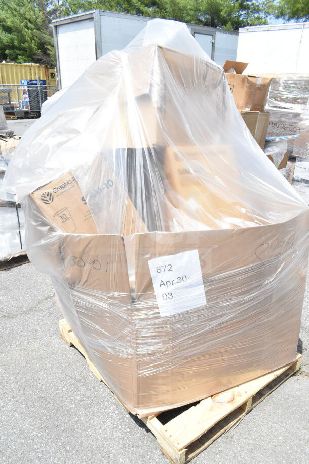 Shipment of 14 brand new scratch and dent items on a pallet, wrapped in plastic. Includes containers, printer, plates. Label reads "872 Apr. 30-03."