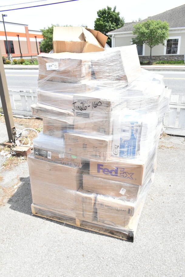 Shrink-wrapped pallet of 33 scratch and dent items, including boxes labeled with glasses, containers, and saucers.