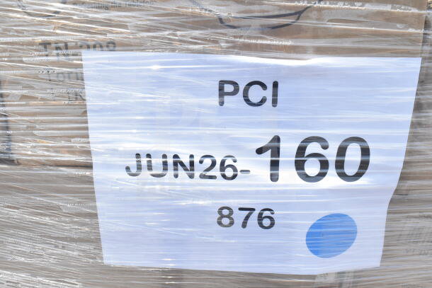 Pallet with 33 new scratch and dent items, including glasses, containers, saucers; labeled "PCI JUN26-160."
