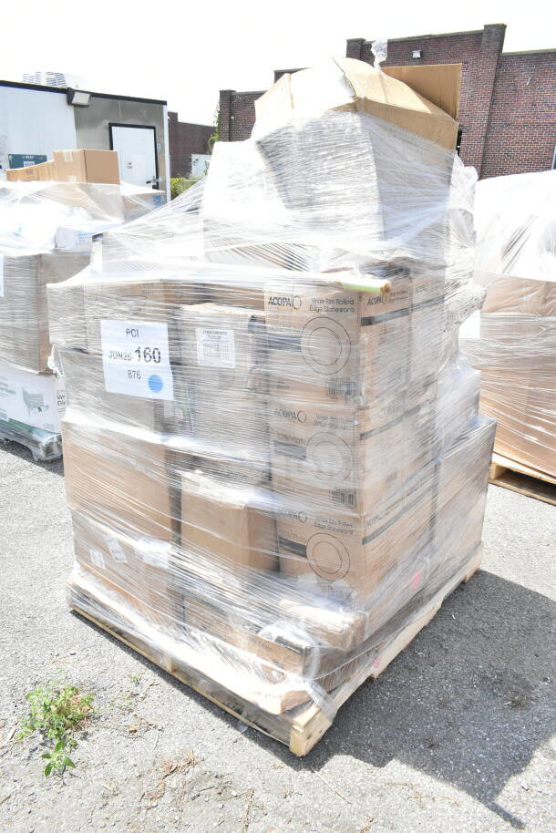 Shrink-wrapped pallet of new scratch and dent items including ACOPA stoneware, glasses, and containers. Label: JUN26-160.
