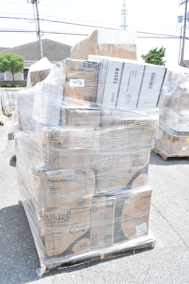 Pallet of 27 new scratch and dent items, including plastic cold cups and glasses, wrapped in plastic, visible box labels.