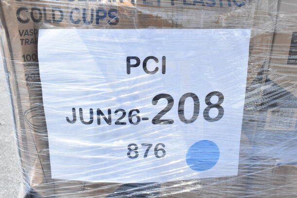 Plastic-wrapped pallet labeled "Cold Cups" with sign "PCI JUN26-208" showing 27-brand-new scratch and dent items.