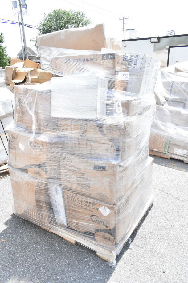Shrink-wrapped pallet of 27 new scratch and dent items, including cold cups and glasses, in labeled boxes.