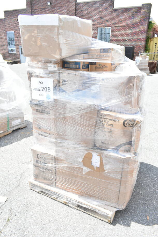 Pallet of 27 brand new scratch and dent items, including cold and hot cups, wrapped in plastic. Visible model labels: PCI JUN26-208.