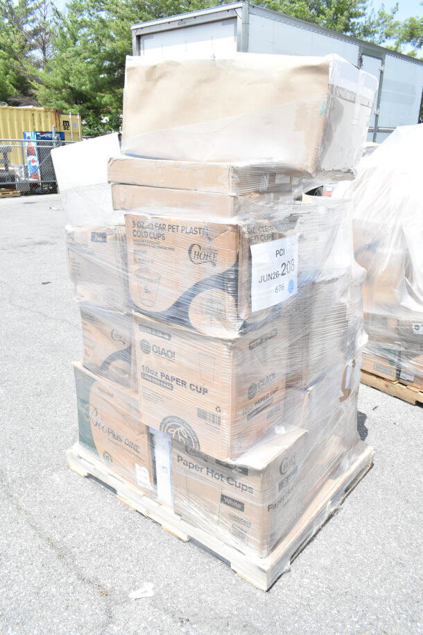 Pallet of 27 brand new scratch and dent items, including cold cups, hot cups, and glasses. Wrapped, labeled "JUN26-208."