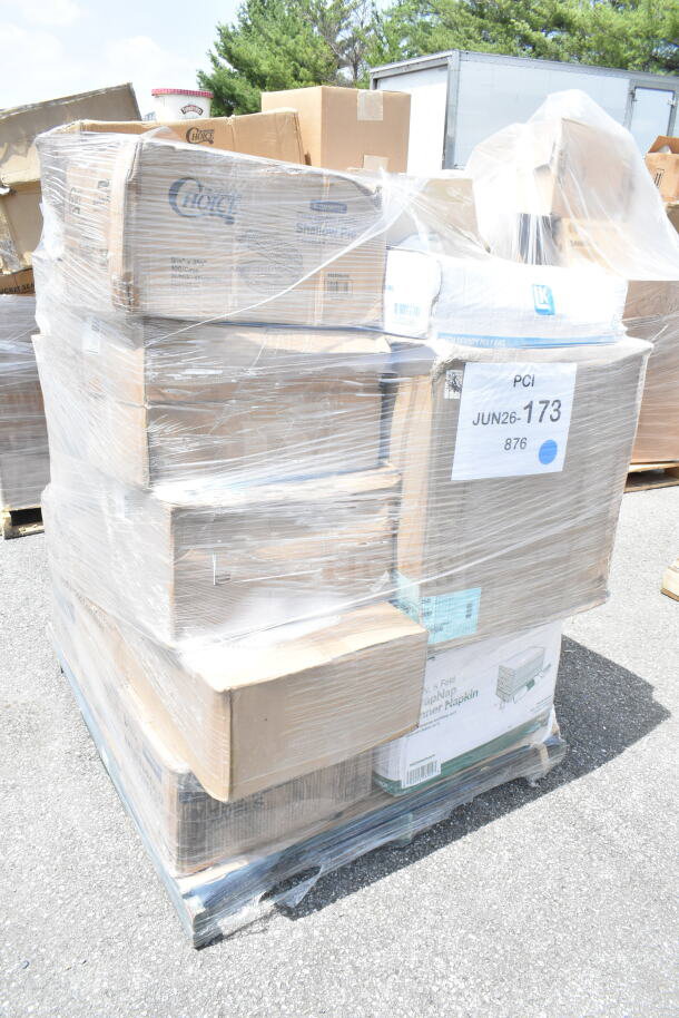 Pallet with 21 scratch and dent items, includes cold cups, containers, pan liners. Wrapped in plastic, marked PCI JUN26-173.