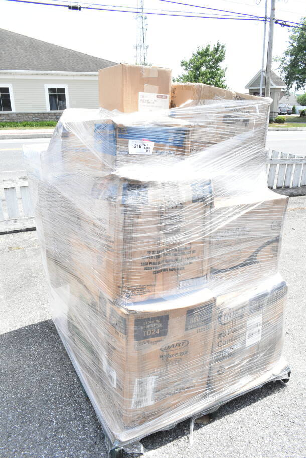 Shrink-wrapped pallet of brand new scratch and dent items, including cold cups, containers, and pan liners. Multiple labeled boxes visible.