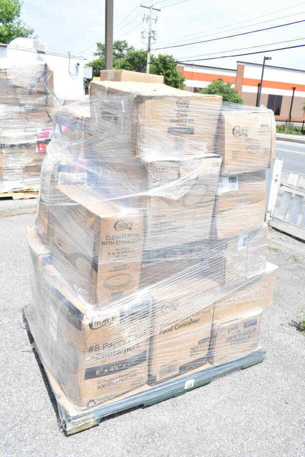 Pallet of 21 new scratch and dent items, including Choice brand cold cups, containers, and pan liners, wrapped in plastic.