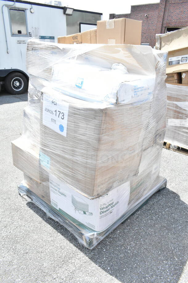 Shrink-wrapped pallet of various new scratch and dent items, including cold cups, containers, and pan liners. Labels visible.
