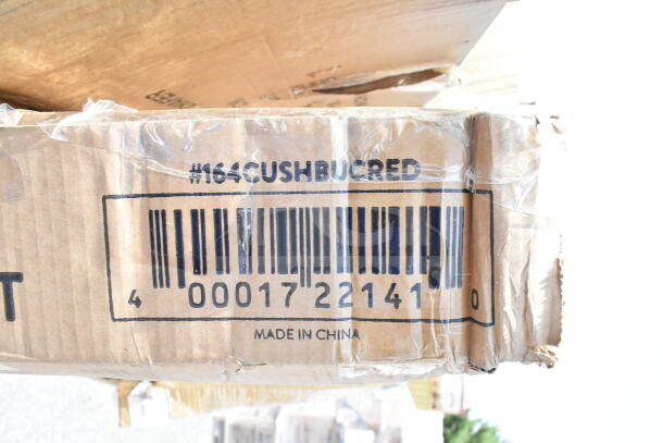 Cardboard box displaying barcode 00017221410, labeled "#164CUSHBUCRED," marked "Made in China."