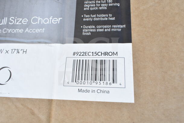Barcode label showing item #922EC15CHROM, made in China. Partial text mentions "Full Size Chafer."
