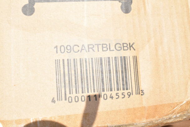Barcode on cardboard box labeled "109CARTBLGBK," part of a scratch and dent lot including kitchen items.