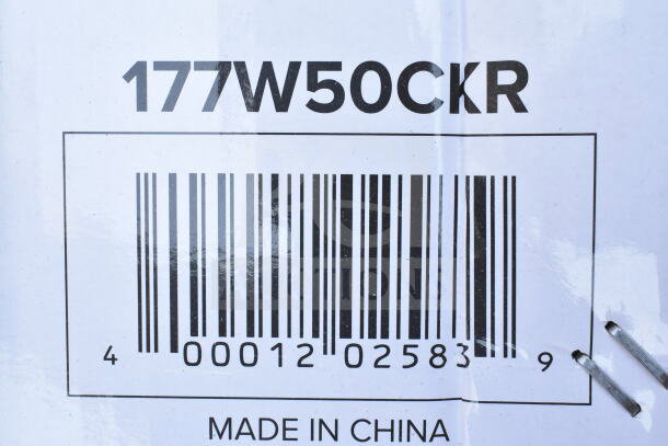 Label with barcode, number 177W50CKR, and "Made in China." Auction item includes chafer and bussing cart.