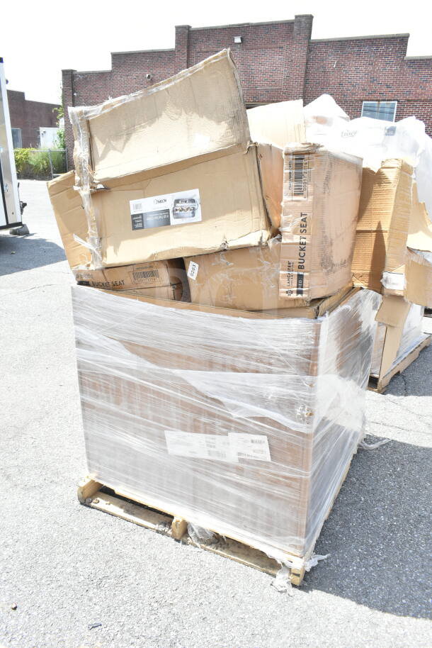 Pallet with 10 new scratch and dent items, including a chafer and bussing cart, in damaged packaging.