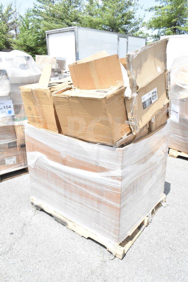 Shrink-wrapped pallet of mixed items, including a chafer and bussing cart, in new scratch and dent condition. Labels visible.