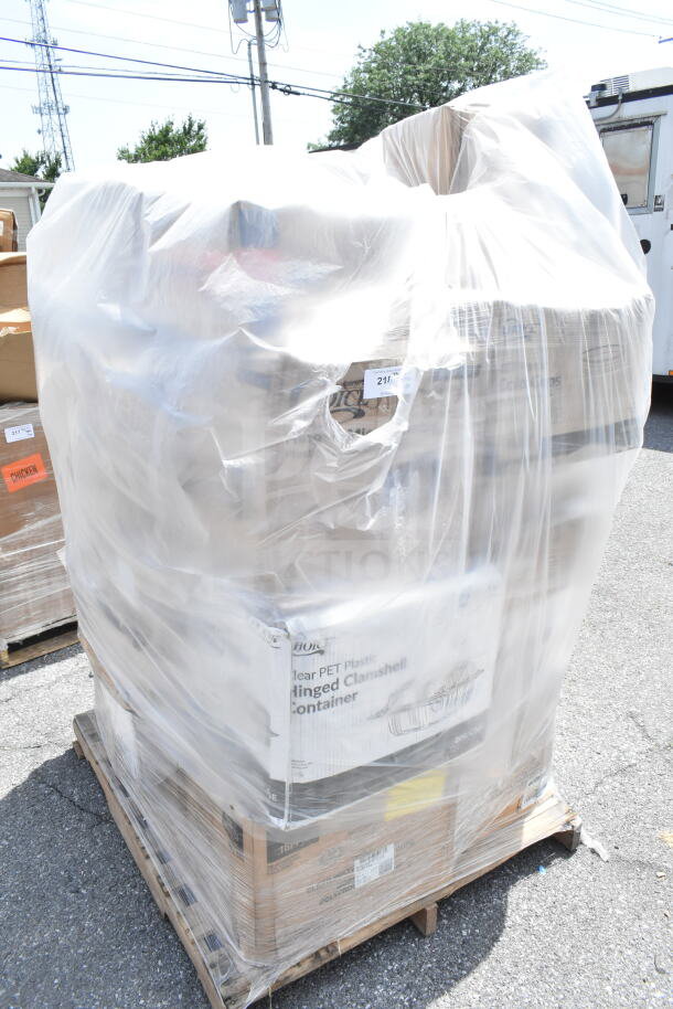 Bulk pallet of 24 brand new scratch and dent items, including cold cups, hot cups, and containers, wrapped in plastic.