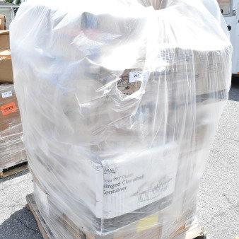 Bulk pallet of 24 brand new scratch and dent items, including cold cups, hot cups, and containers, wrapped in plastic.